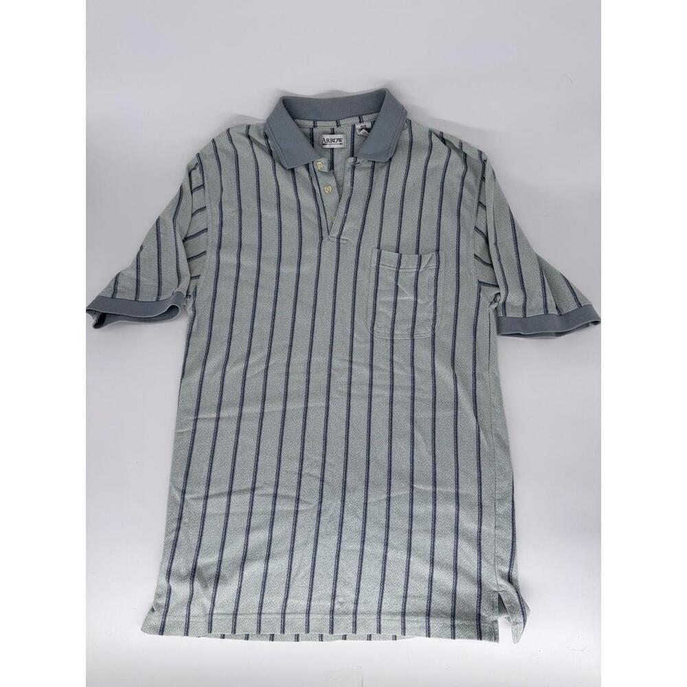 Men’s Arrow Collared Polo Shirt Striped Size Medium Green Blue *Small Stain*